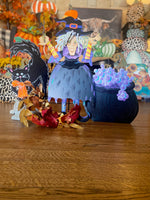 Load image into Gallery viewer, Small Tillie the Witch In Black, Purple, Orange, and Yellow with her Frog Roundtop Collection
