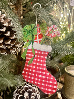 Load image into Gallery viewer, Gingham Santa and Stocking Metal Ornaments
