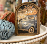 Load image into Gallery viewer, Fall Blue Farm Truck Hauling Harvest Pumpkins Wood Frame Picture Arch Top
