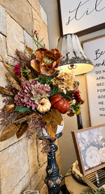 Load image into Gallery viewer, Fall Mixed Dusty Mauve, Cream Hydrangeas, and Copper Stems in White Ceramic Pot
