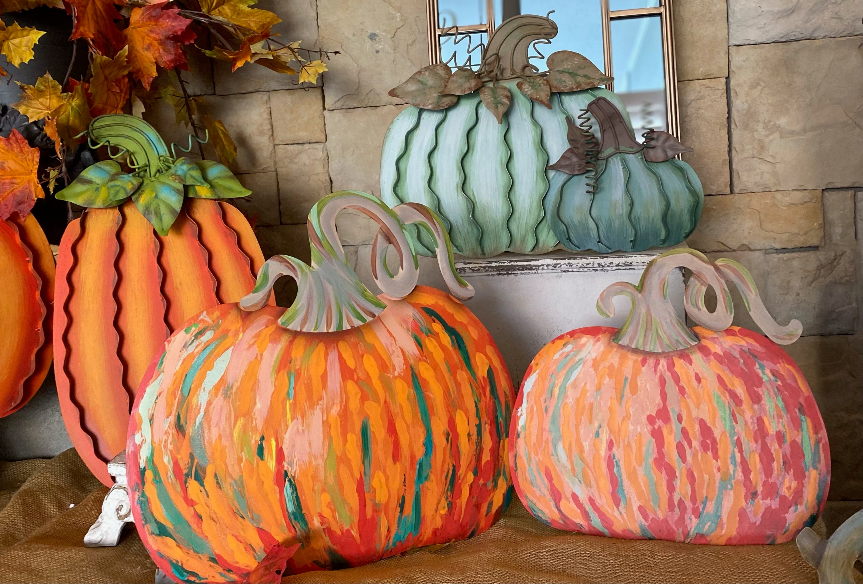 Artful Orange and Green Pumpkins Set of 2 Metal Stakes