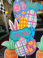 Load image into Gallery viewer, Welcome Easter Egg Floral and Plaid Metal Stake Sign
