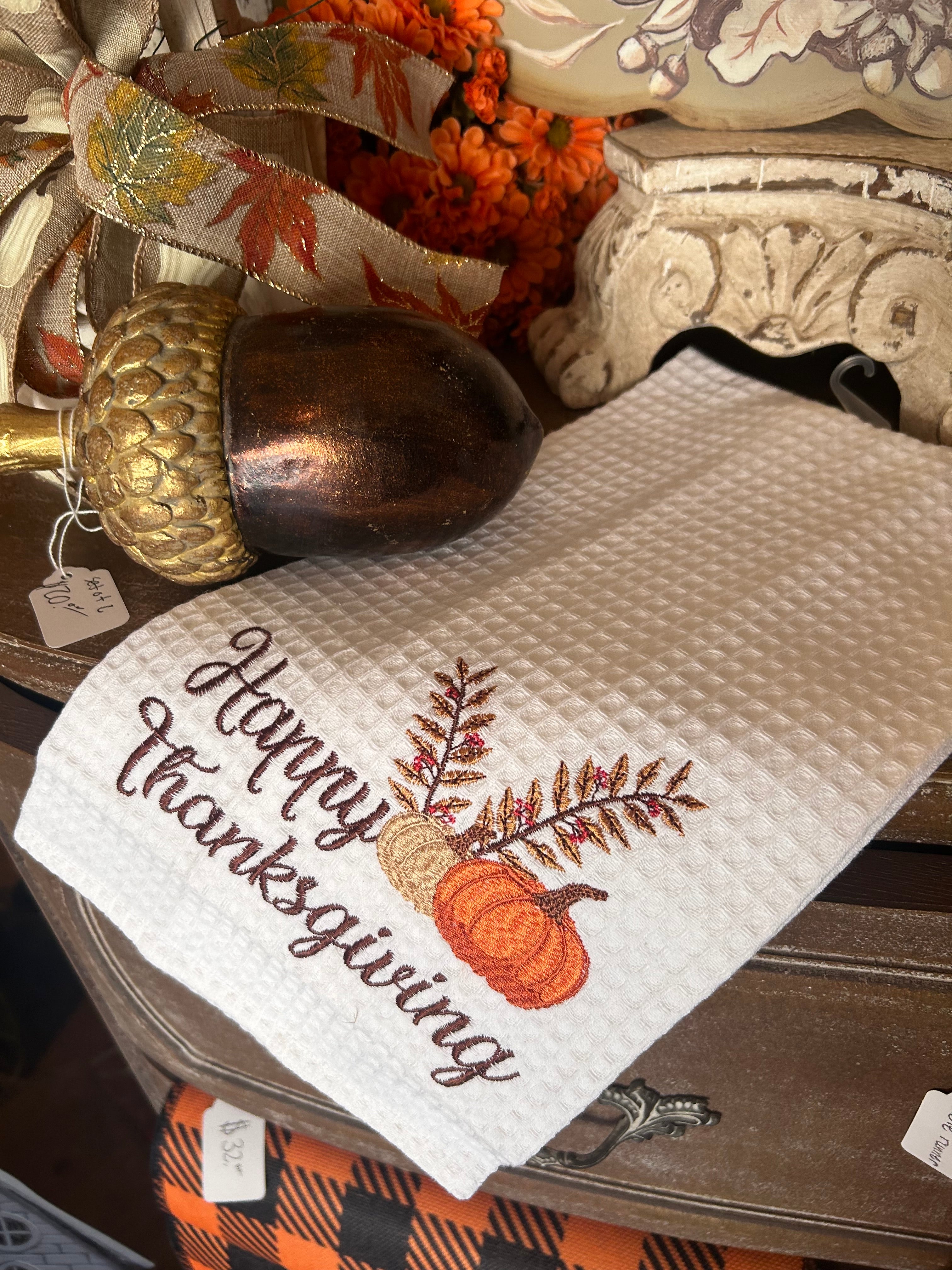 Fall Happy Thanksgiving White Waffle Towel