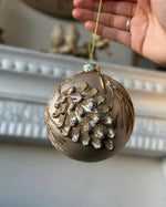 Load image into Gallery viewer, Set of 2 Silver, Gold, &amp; Mocha Pinecone Ornaments
