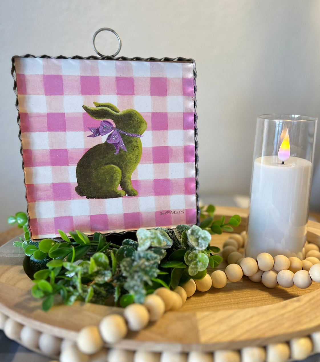 Pink Check and Bunny  Mini Print with Galvanized Frame