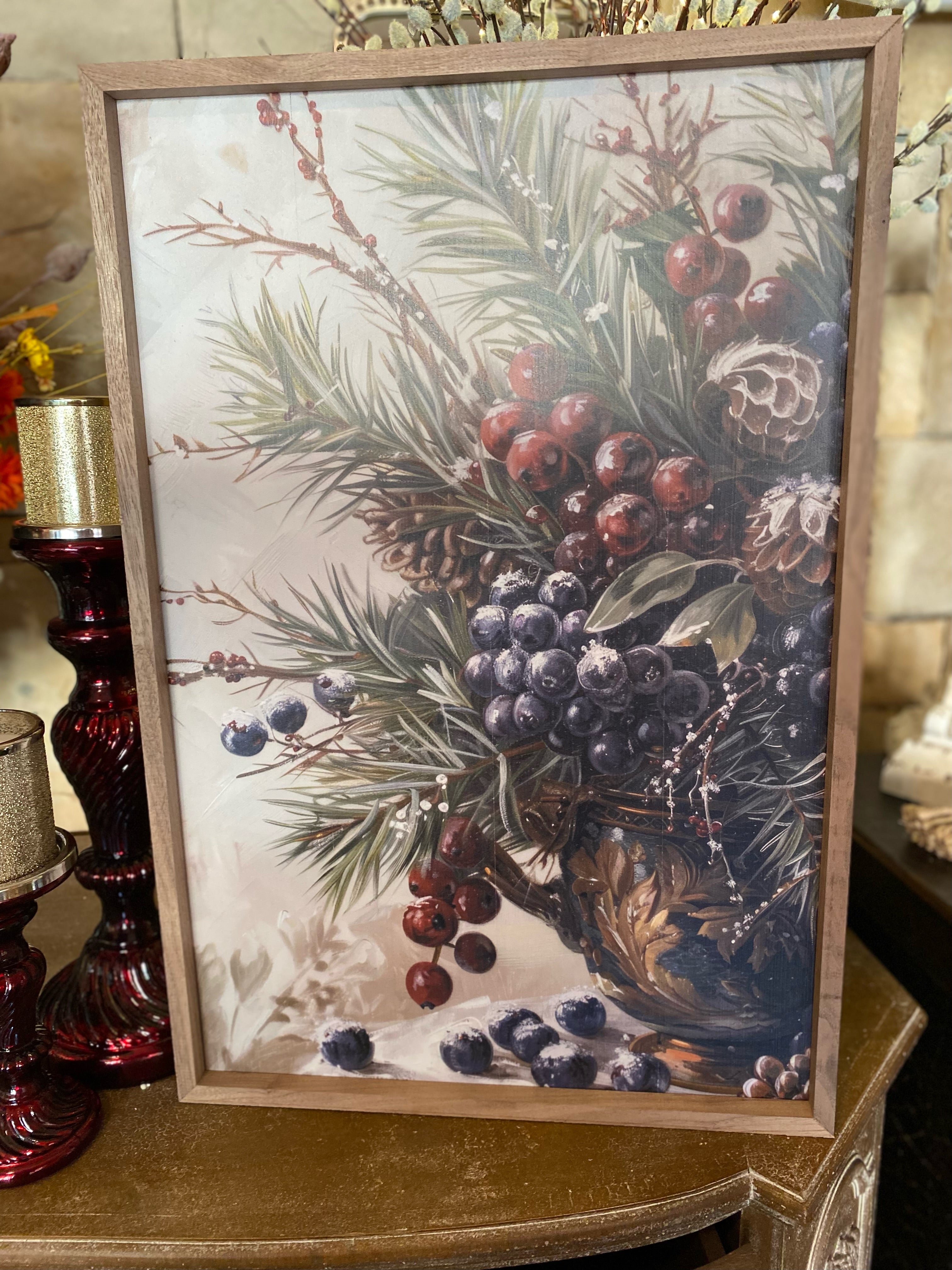 Wood Framed Grapes in Elegant Bowl Wall Art