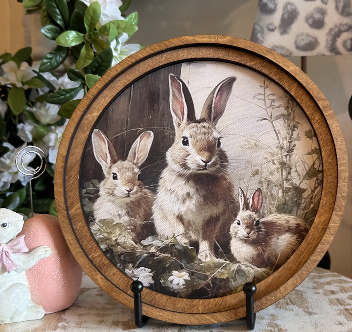 Round Wooden Framed Bunnies Art Picture Easter Spring