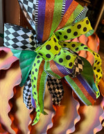 Load image into Gallery viewer, (4) Option Bows: Whimsical Custom Bows Harlequin Black, White, Bright Green, Pink Pumpkin, Stripe Ribbon, Purple, Orange
