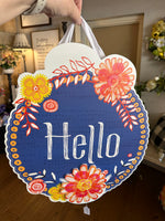 Load image into Gallery viewer, Hello Blue Background Door Hanger with Bordering Orange &amp; Yellow Flowers
