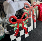 Load image into Gallery viewer, Christmas Black and White Stripe Red Packages Metal Stakes Set of 2
