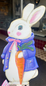 Load image into Gallery viewer, Rabbit in Periwinkle and Pink Jacket with Carrot Metal Stake
