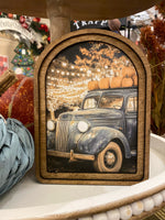 Load image into Gallery viewer, Fall Blue Farm Truck Hauling Harvest Pumpkins Wood Frame Picture Arch Top
