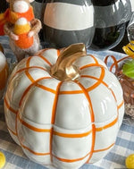 Load image into Gallery viewer, NEW! Orange &amp; White Pumpkin Check Candy Dish with Gold Stem
