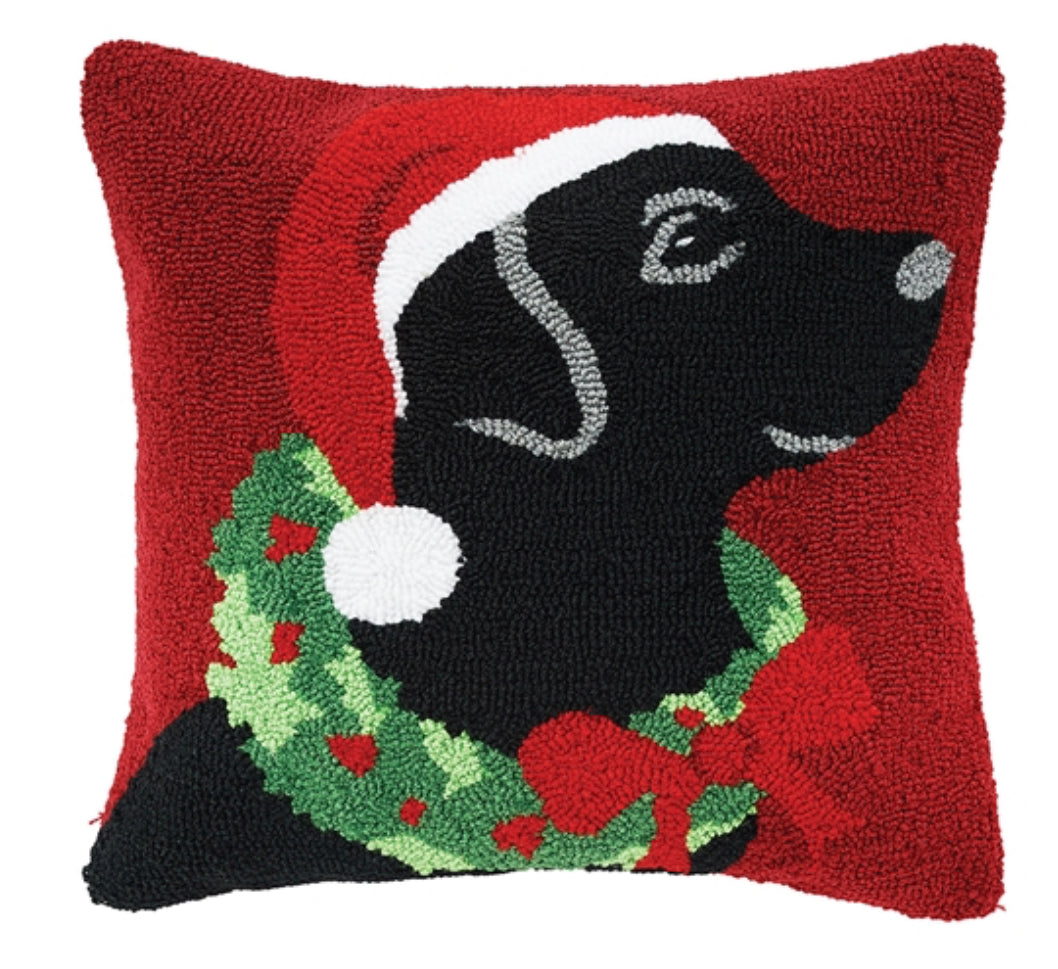 Christmas Black Lab Red Hooked Pillow