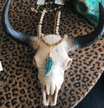 Load image into Gallery viewer, Turquoise Leaf Pendant and Gold Beaded Necklace

