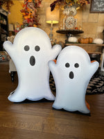 Load image into Gallery viewer, Set of 2 Metal Sparkling Ghosts with Buffalo Check Borders that Turn
