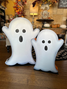 Set of 2 Metal Sparkling Ghosts with Buffalo Check Borders that Turn