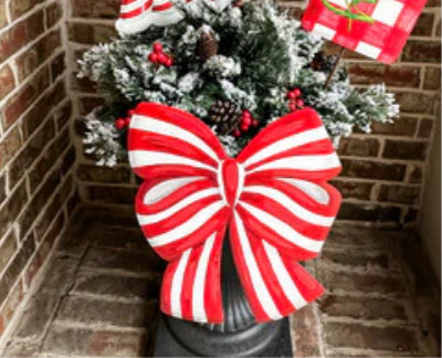 Christmas Red and White Stripe Bow Metal Stake