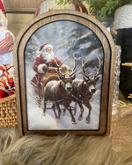 Load image into Gallery viewer, Arch Top Wooden Classic Santa Art with Snow or Round Wood Frame
