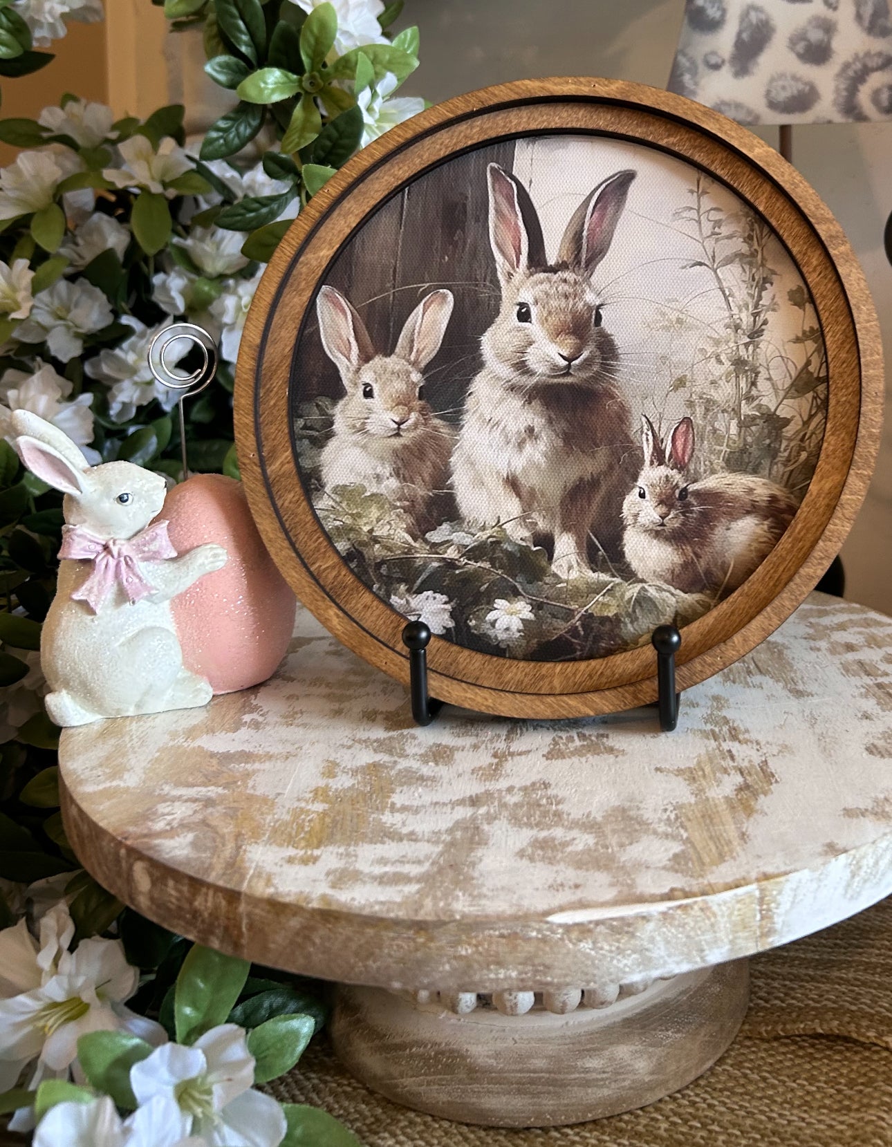 Round Wooden Framed Bunnies Art Picture Easter Spring