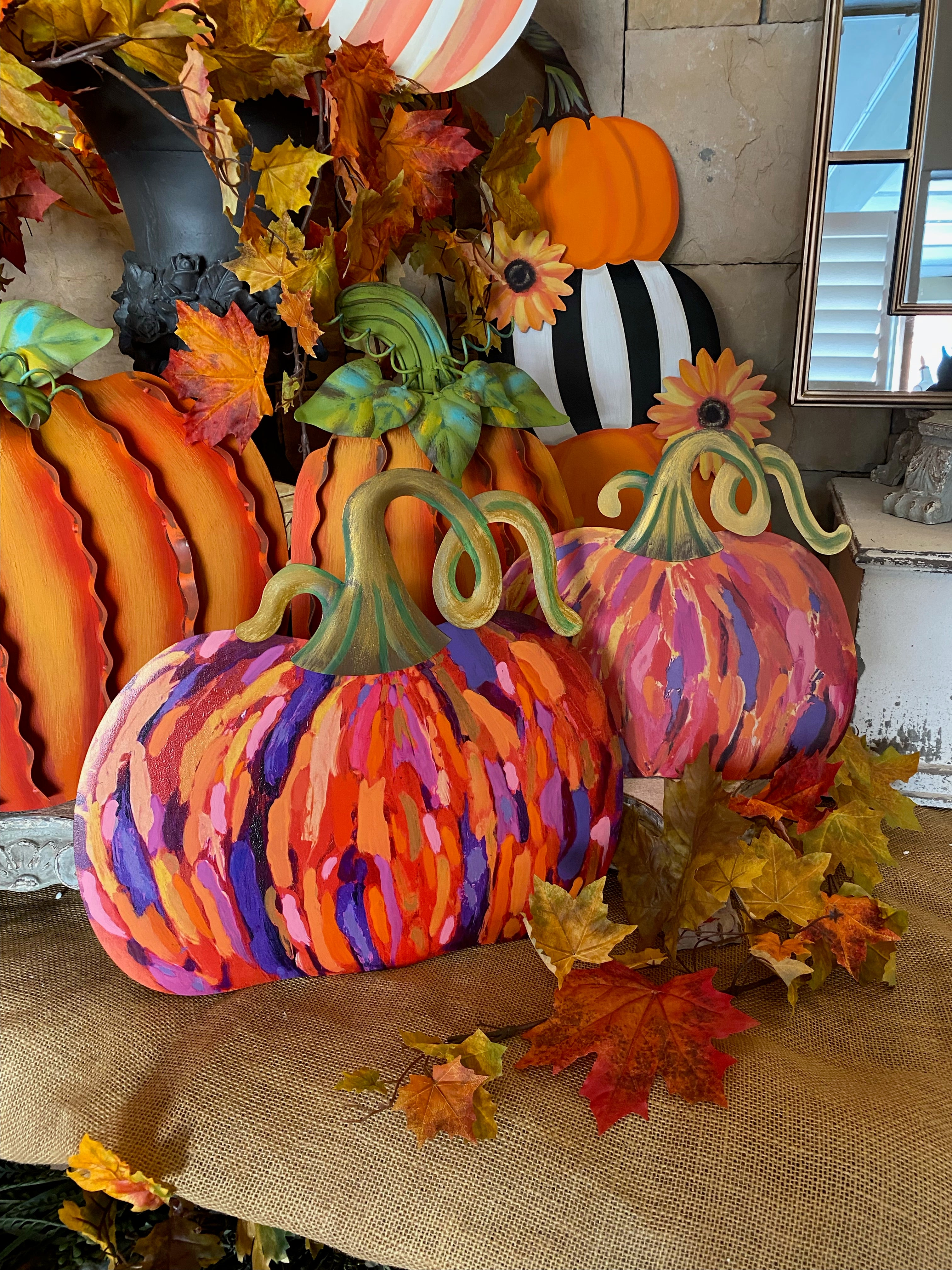 Artful Orange Pumpkins Set of 2 Metal Stakes