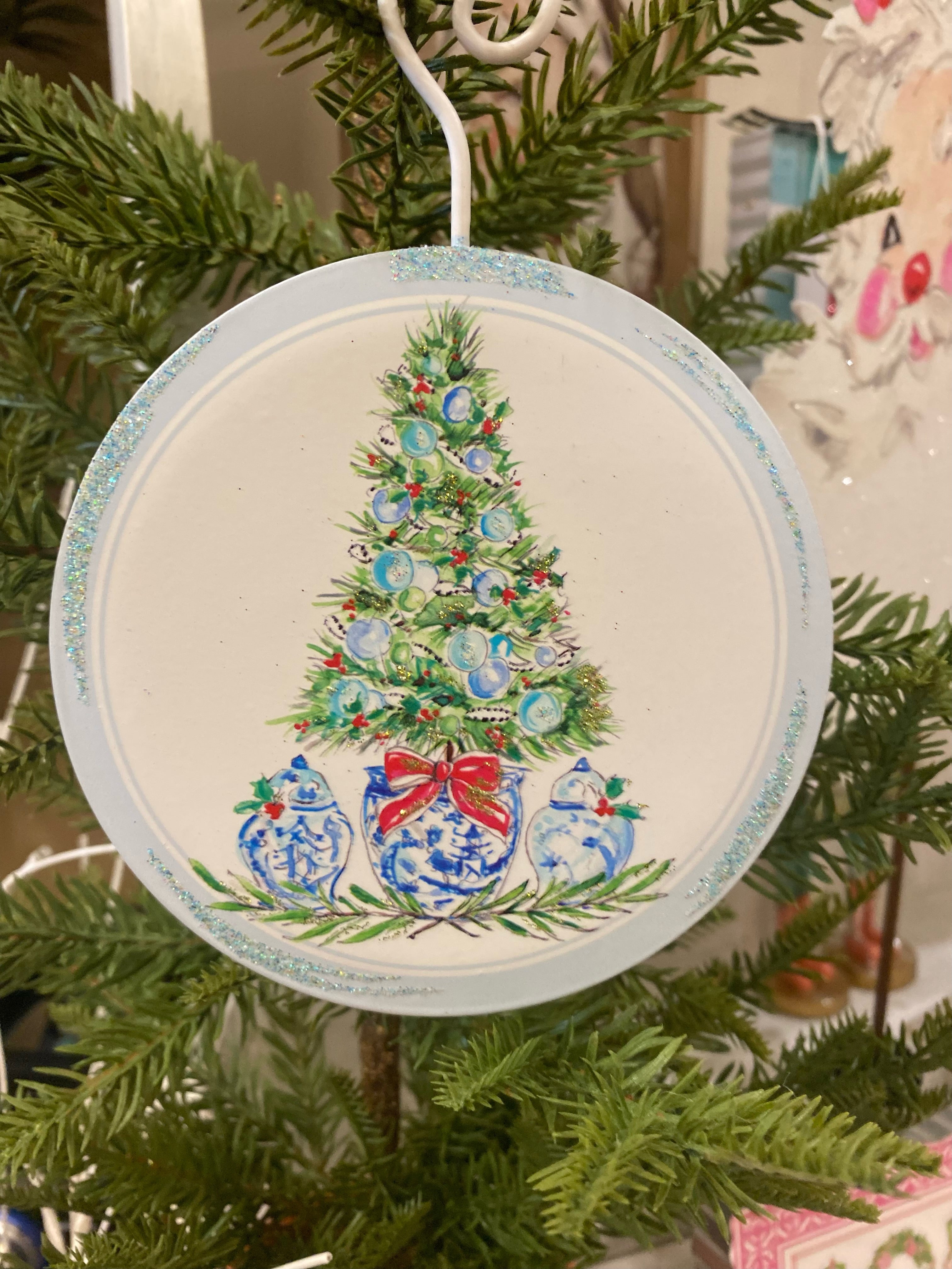 Blue & White Round Ornament with Christmas Tree