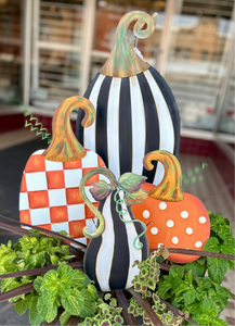 Set of 3 Pumpkins and 1 Tall Gourd Black & White Stripe Metal Stake