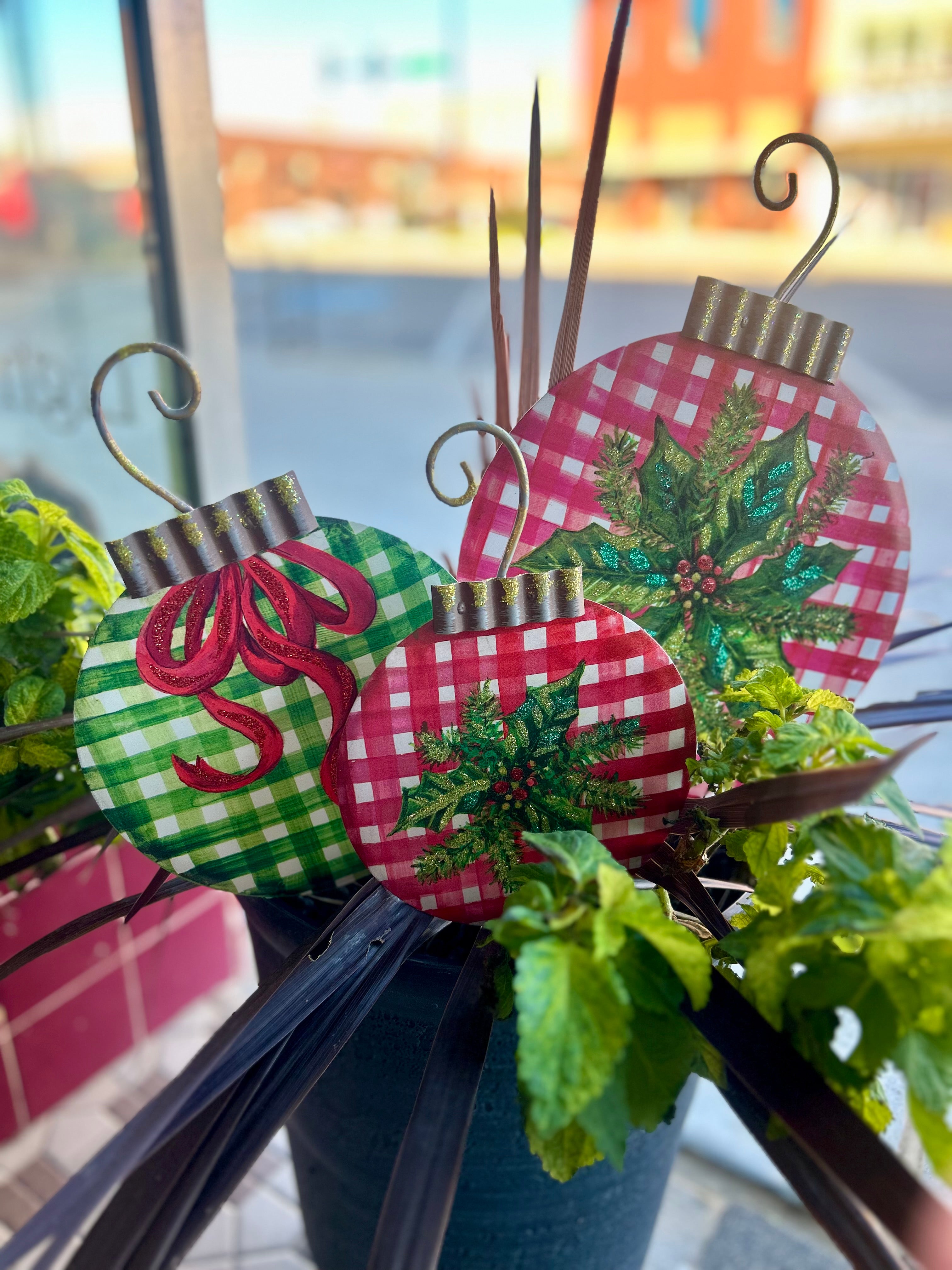 Christmas Check Ornaments Yard Metal Stakes Set of 3