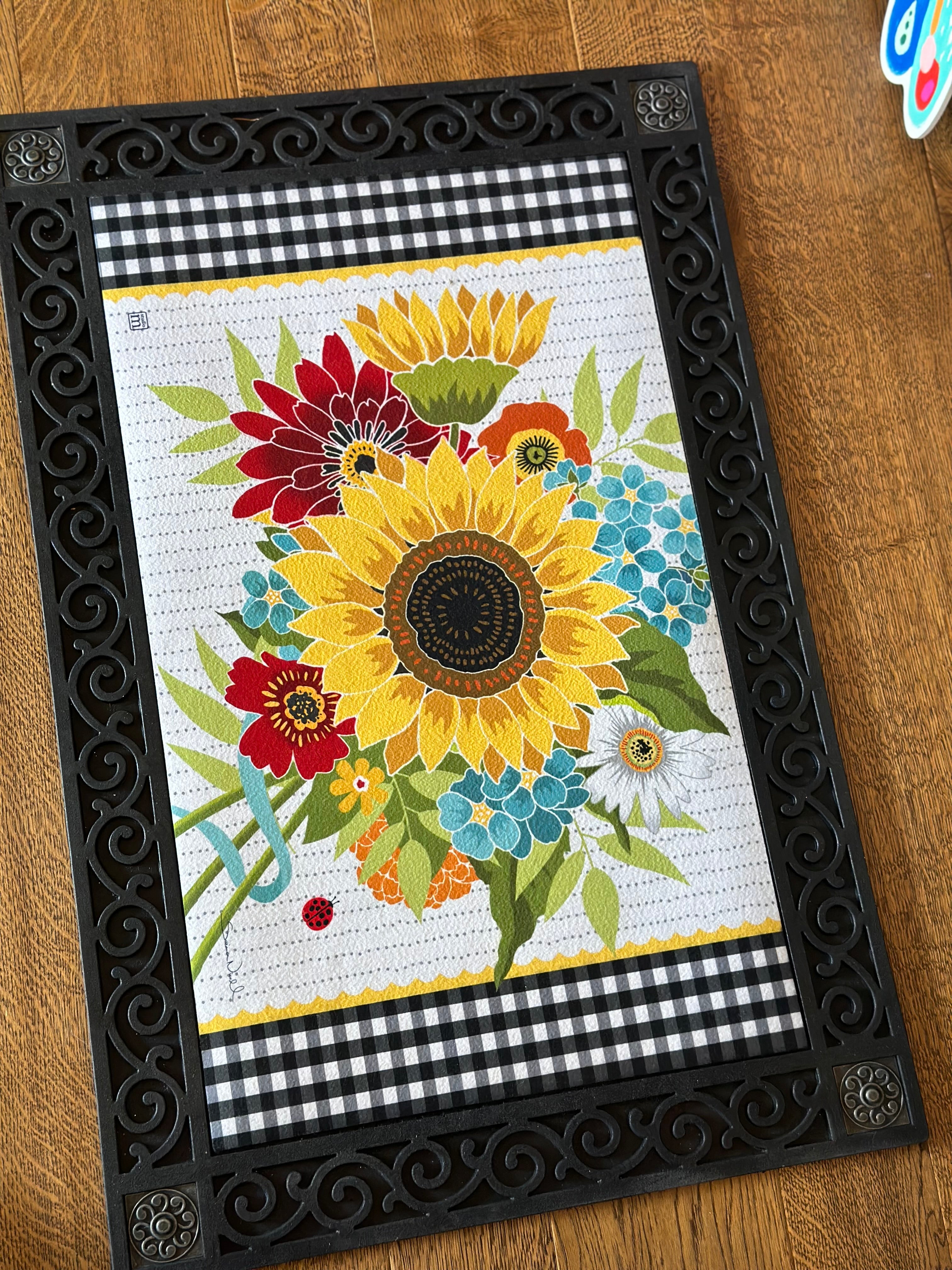 Sunflower with Black and White Check Door Mat Outdoor