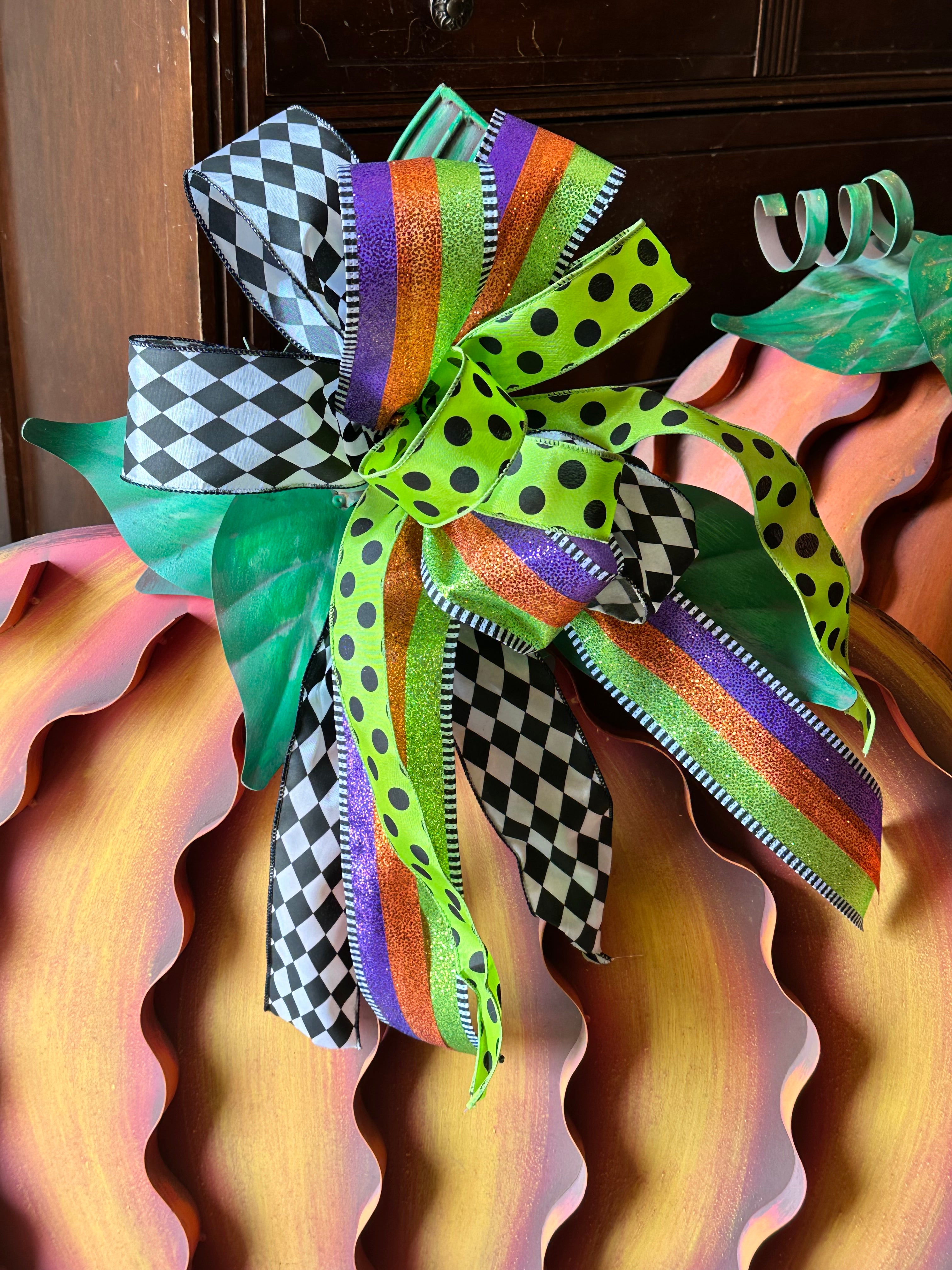 Whimsical Purple, Bright Green, Black, and White Bow Polka Dot, Harlequin, and Stripe