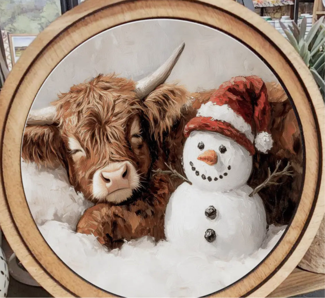 Cow Sleeping by Red White Hat Snowman Round Wood Frame Christmas Decor