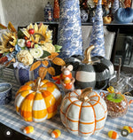 Load image into Gallery viewer, NEW! Orange &amp; White Pumpkin Check Candy Dish with Gold Stem
