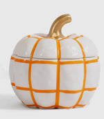 Load image into Gallery viewer, NEW! Orange &amp; White Pumpkin Check Candy Dish with Gold Stem
