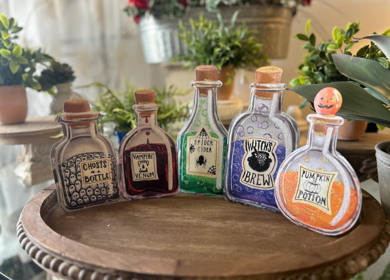 Halloween Potion Bottles Metal Stakes with Easels Black, Purple, Orange, and Yellow with her Frog Roundtop Collection