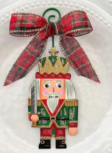 Nutcracker Soldier Christmas Metal Ornament in Red Green and Gold