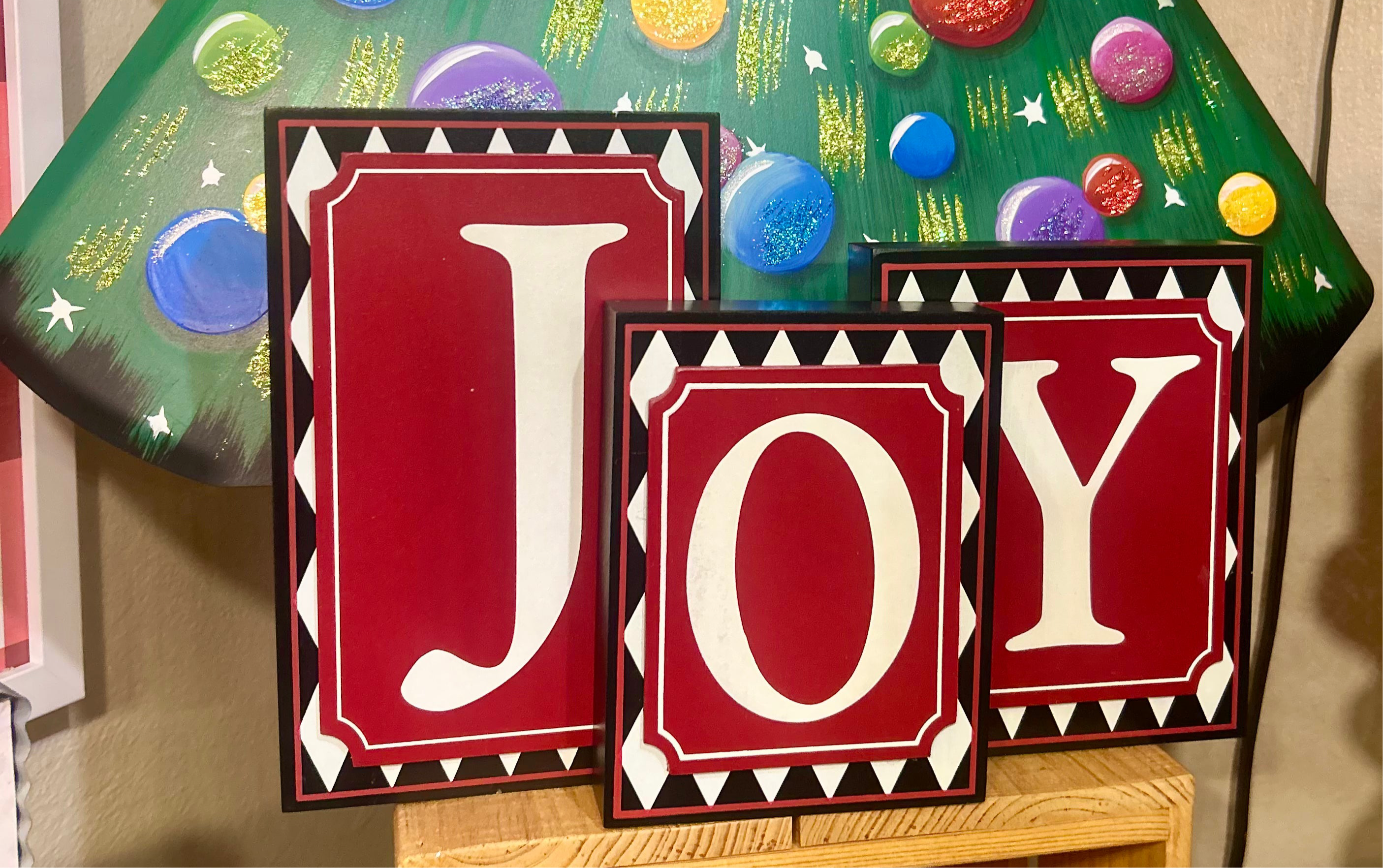 JOY Blocks Red Black and White Harlequin Pattern