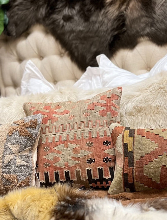 Aztec Kilim Pillow with 18”x18” Form Western Style, Dark Terra Cotta, Brown