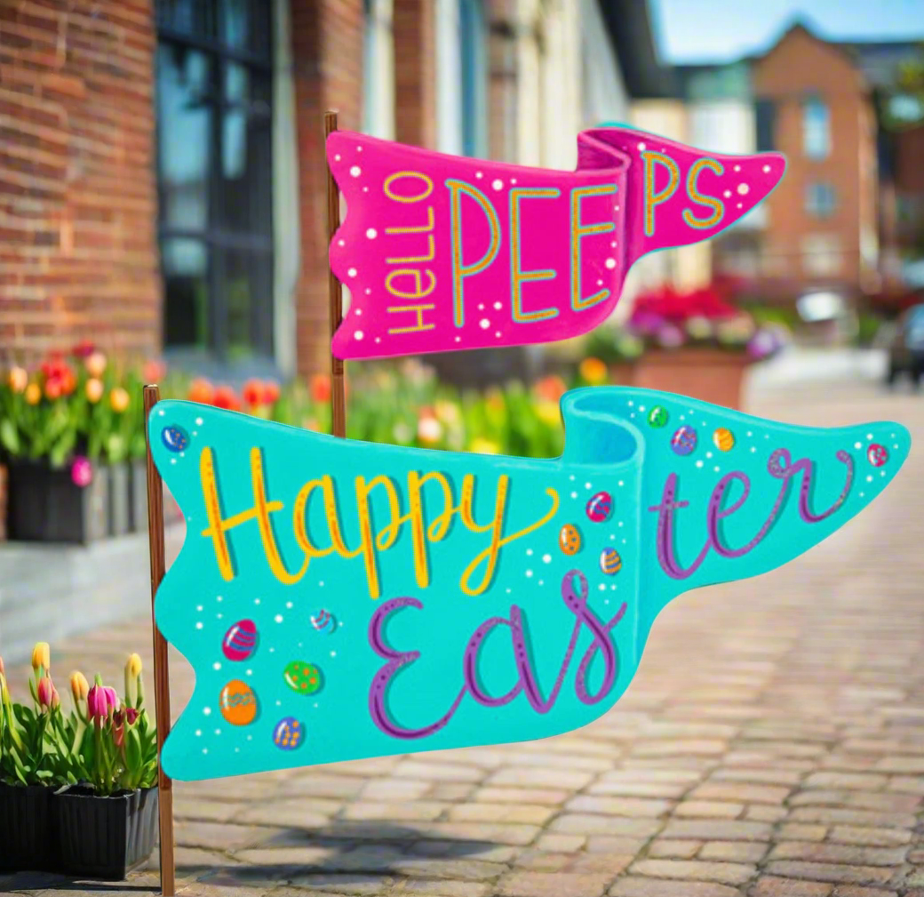 Happy Easter & Hello Peeps Metal Pennant Outdoor Stakes