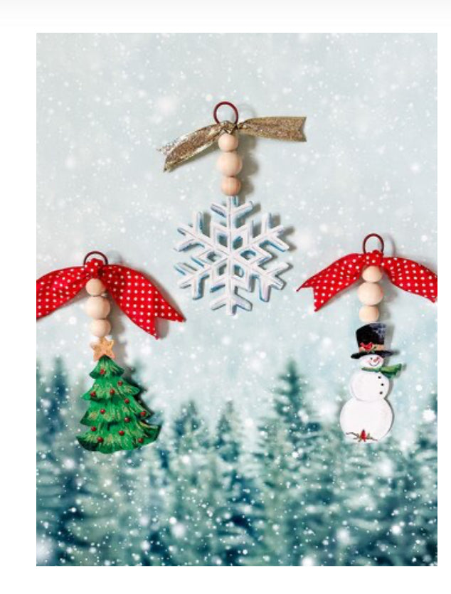 Set of 3 Beaded 8” Metal Snowman, Tree, Snowflake Ornaments