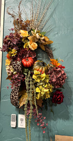 Load image into Gallery viewer, Fall Leopard Pumpkin Hydrangea Floral Wreath
