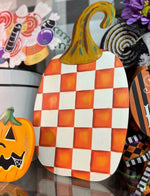 Load image into Gallery viewer, Fall Orange &amp; White Checkered Metal Pumpkin Yard Stake
