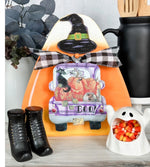Load image into Gallery viewer, Boo Black Cat in Purple Truck with Jack-o-lantern Pumpkins Mini Charm with Galvanized Frame
