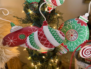 Set of 3 Large Red, White, & Green Metal Ornaments