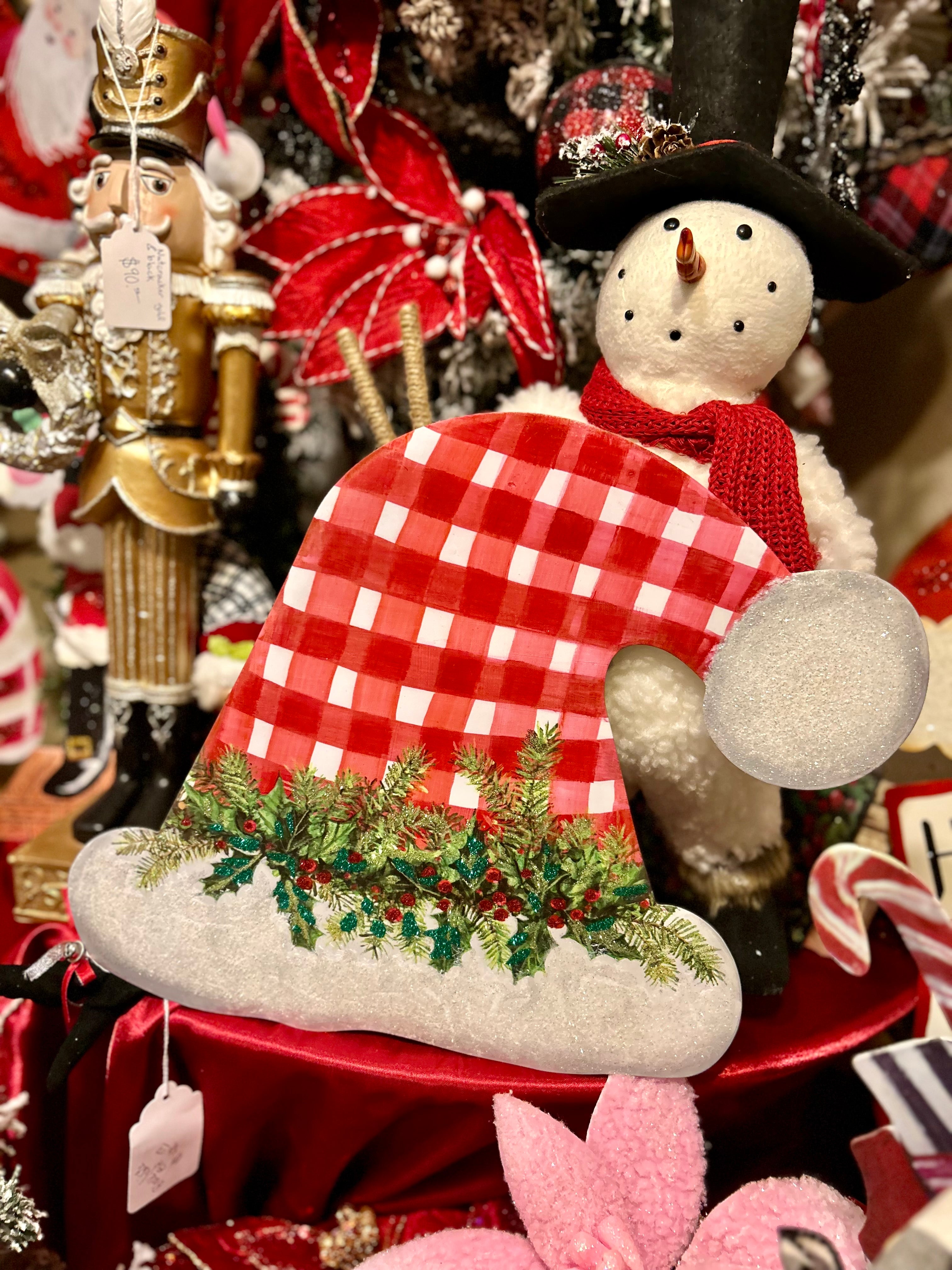 Gingham Santa Hat Metal Stake Outdoor or Indoor