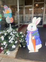 Load image into Gallery viewer, Rabbit in Periwinkle and Pink Jacket with Carrot Metal Stake
