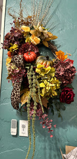 Load image into Gallery viewer, Fall Leopard Pumpkin Hydrangea Floral Wreath
