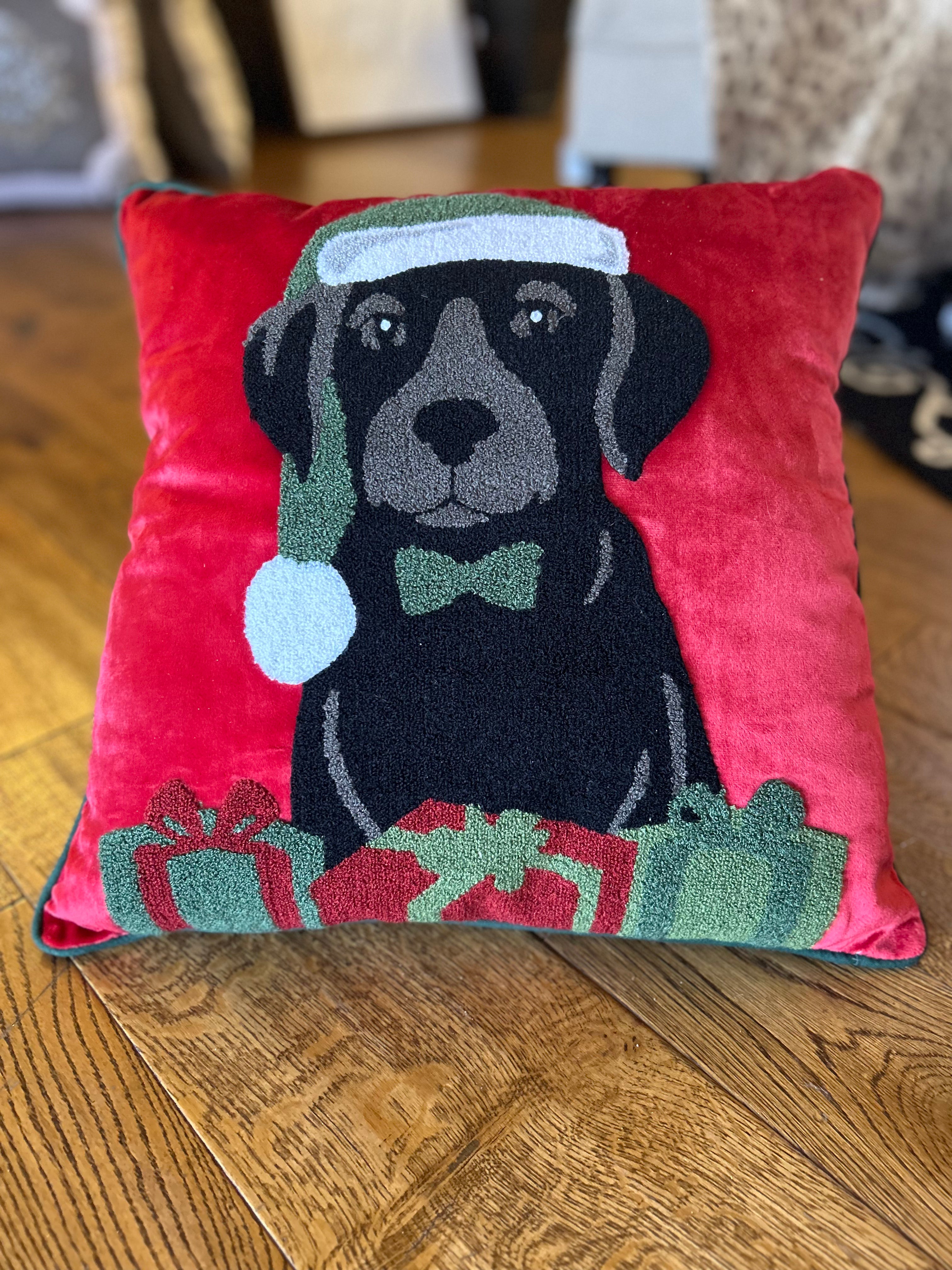 Black Puppy Red Velvet Christmas Pillow with Presents