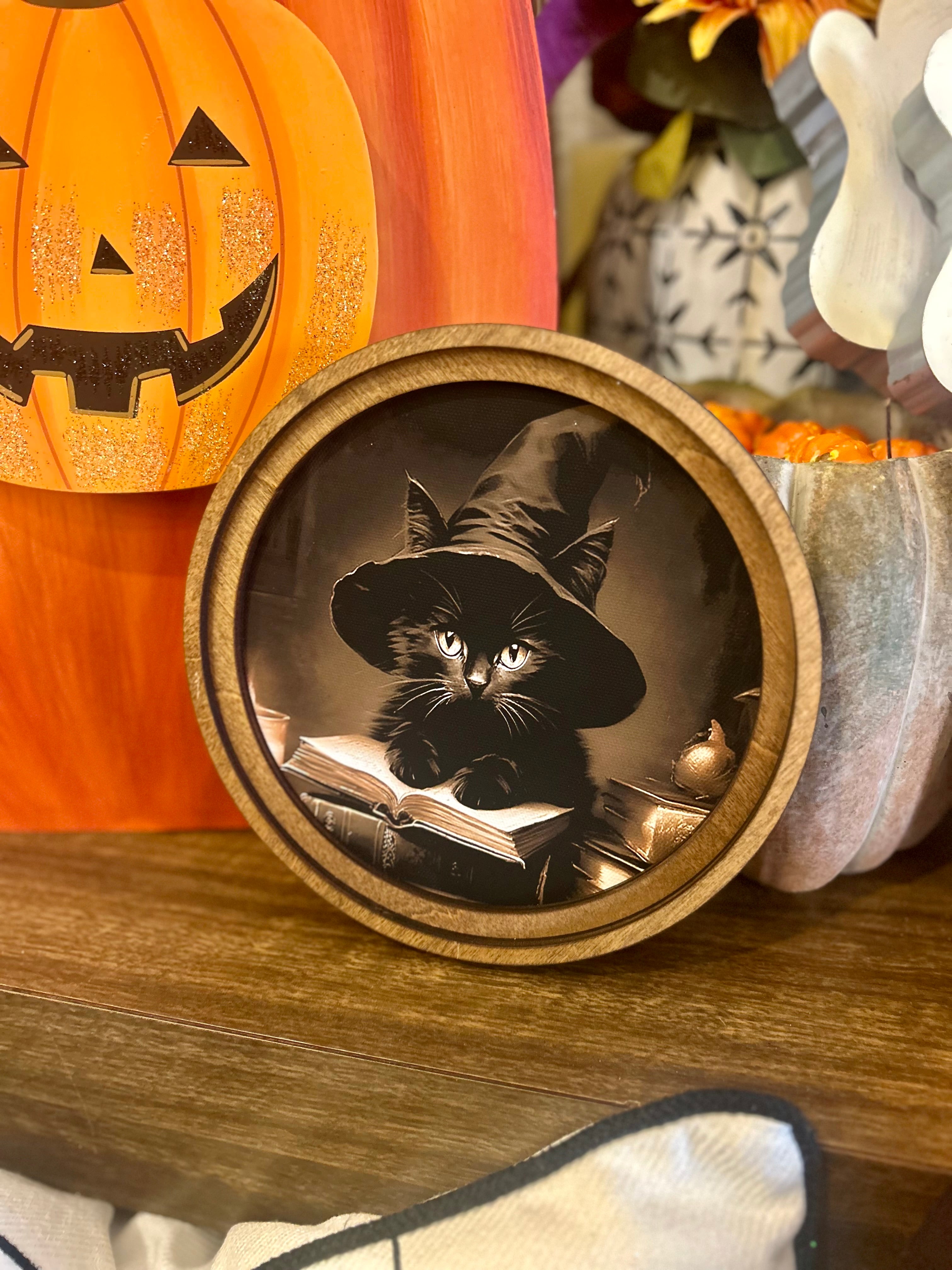 Black Cat with Witch Hat and Spell Book 8” Round Framed Picture
