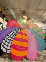 Load image into Gallery viewer, New! Fall Whimsical Patterned Metal Pumpkin Yard Stake Check, Stripes, Polka Dots
