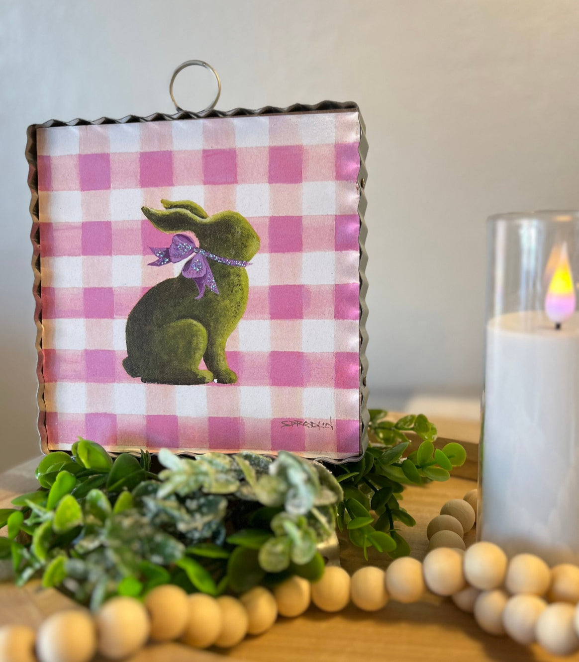 Pink Check and Bunny  Mini Print with Galvanized Frame